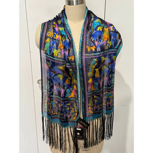 Women's Laurel Burch Blue Purple Dog Cat Silk Art Scarf 11x54”